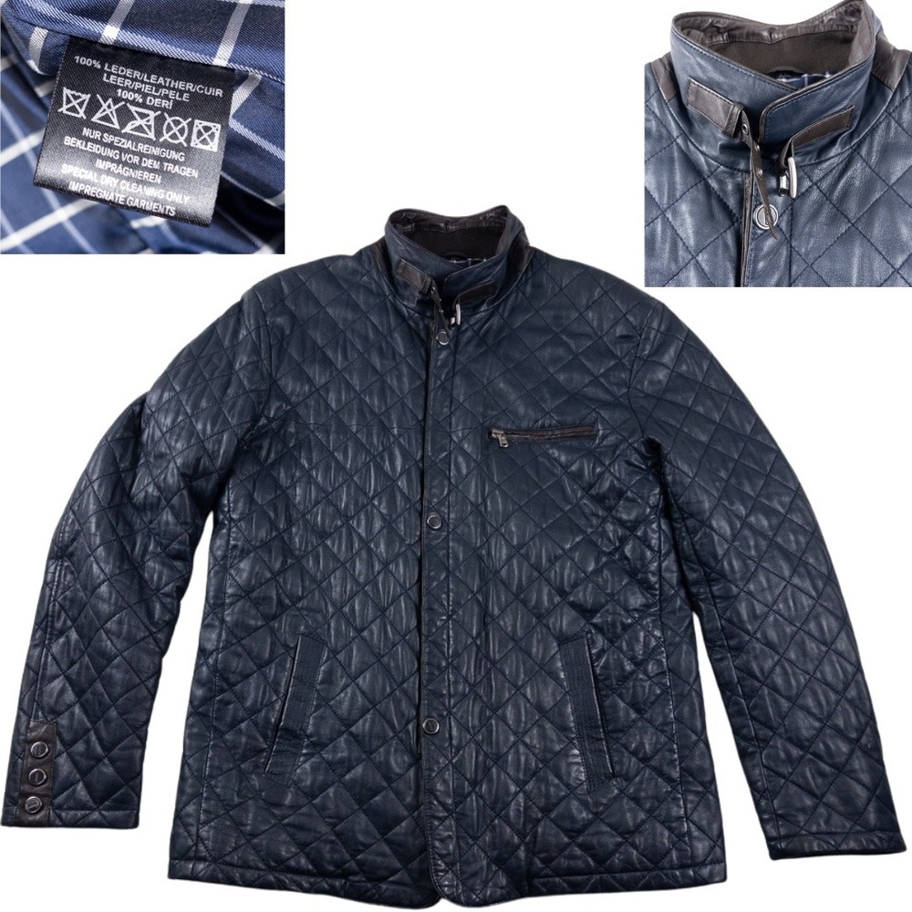 Henig Furs‎ Quilted Leather Jacket Mens XXL Navy Blue Brown Germany Moto Preppy
